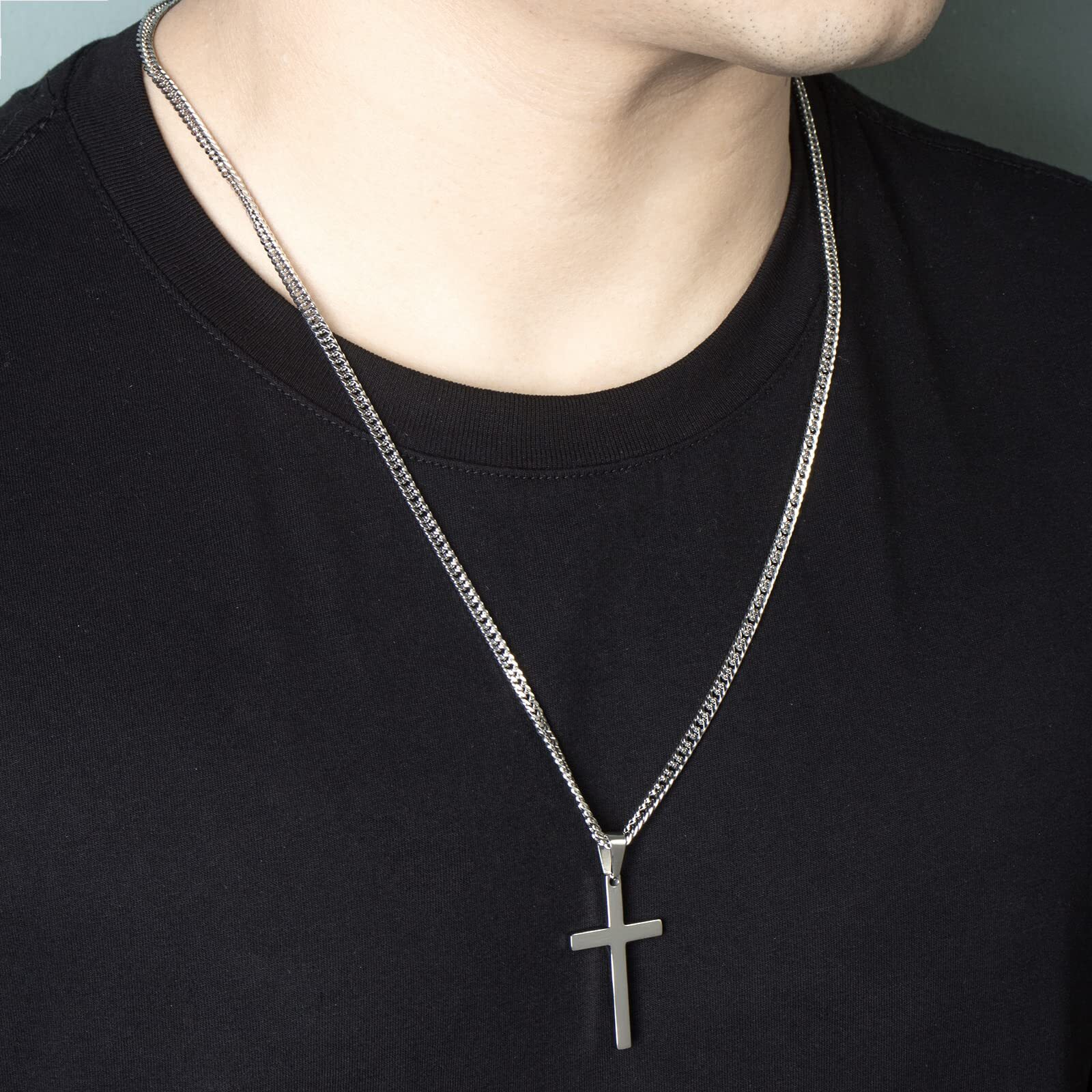 Men Cross Necklace Silver Gold Stainless Steel Boy Plain Pendant Cuban Chain