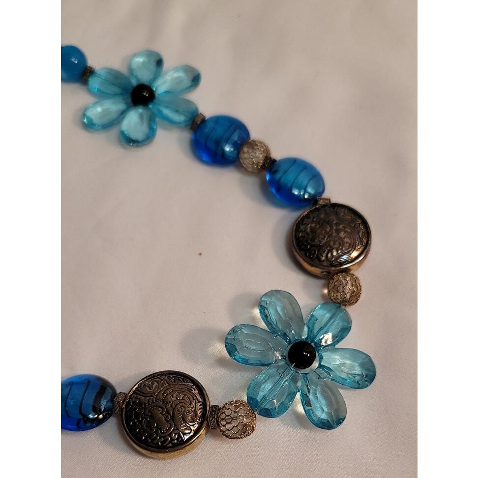 Blue Lucite Flowers Silver Medalian Black Beads Silver Mesh Beaded Necklace