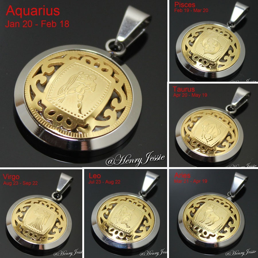 18-30″MEN Stainless Steel 1.5mm Silver Box Chain Gold Plated Zodiac Sign Pendant