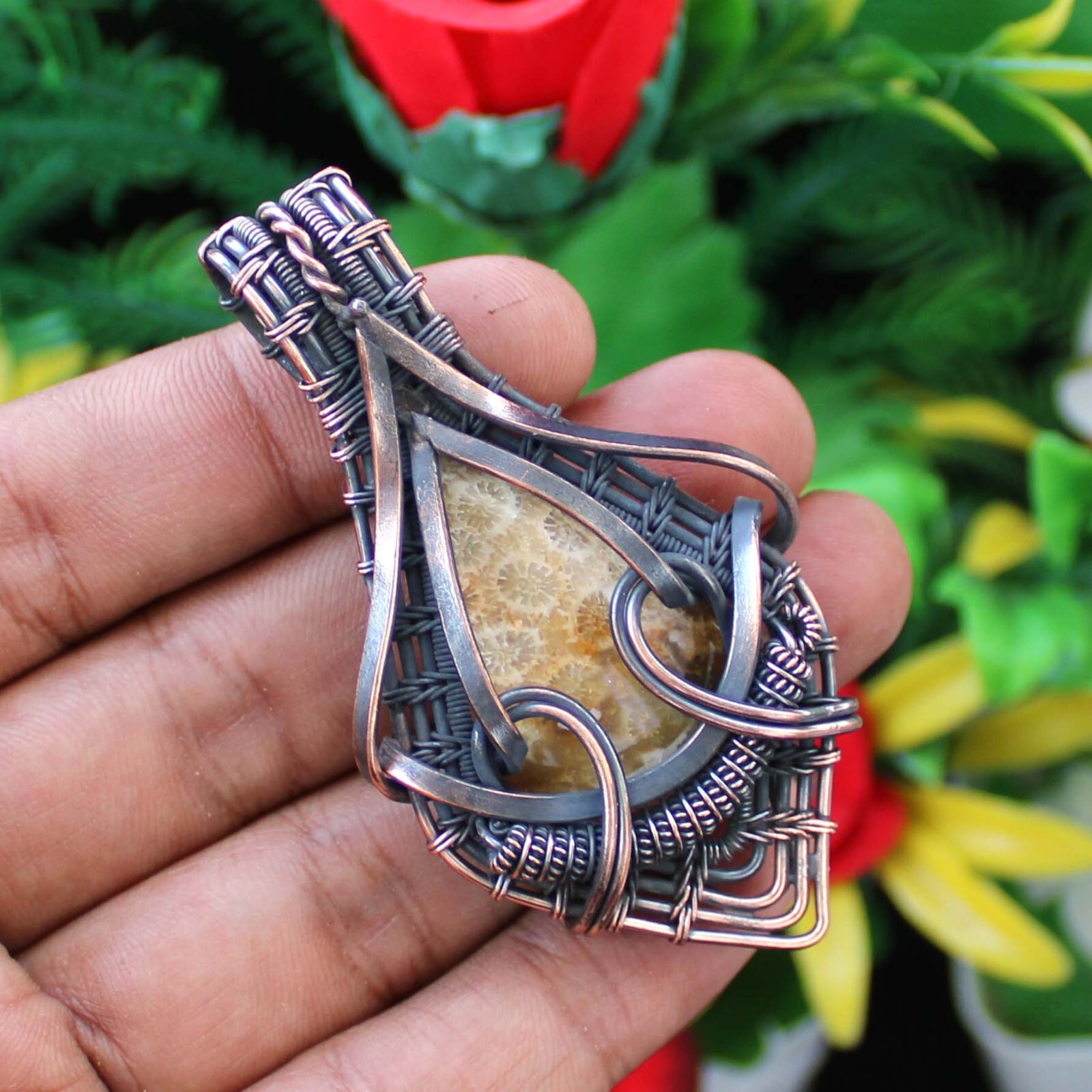 Fossil Coral Handmade Pendant Copper Wire Wrapped Pendant Copper Wire Jewelry
