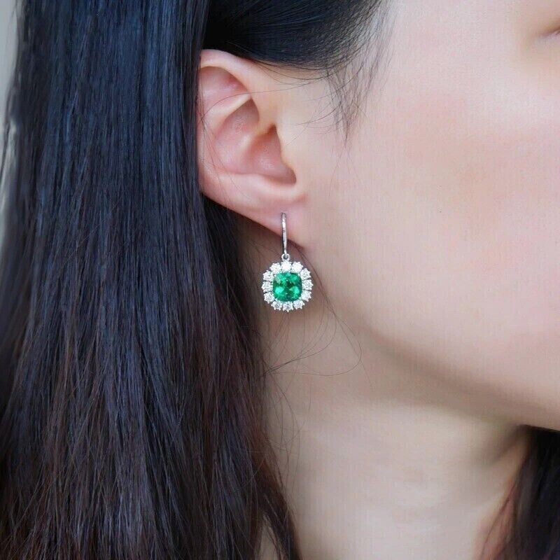 2.50Ct Cushion Cut Simulated Emerald Hook Drop Earrings In 14K White Gold Plated
