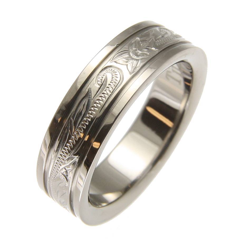 TITANIUM HAND ENGRAVED HAWAIIAN PLUMERIA SCROLL BAND RING SMOOTH EDGE 6MM