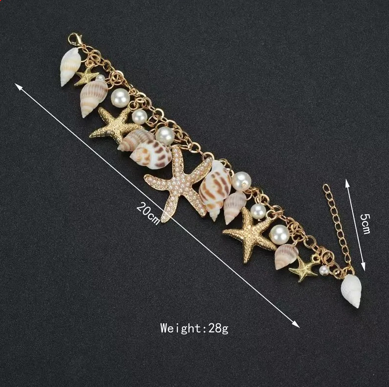 1pcs Gold Starfish & Conch Charm Bracelet – Pearl Accent Y2K Summer Jewelry
