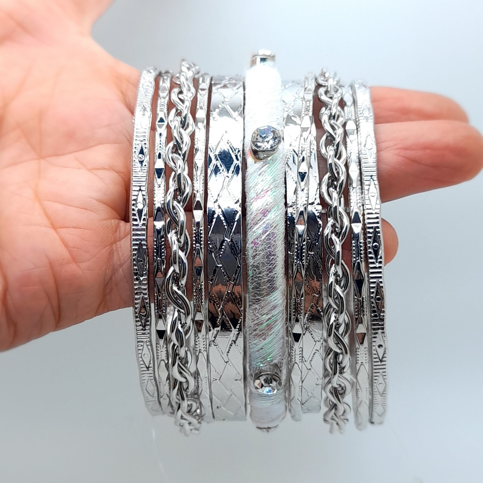Chunky Layered multi Bangle Set of 11 Fashion Silver Tone clear fashion Bracelet
