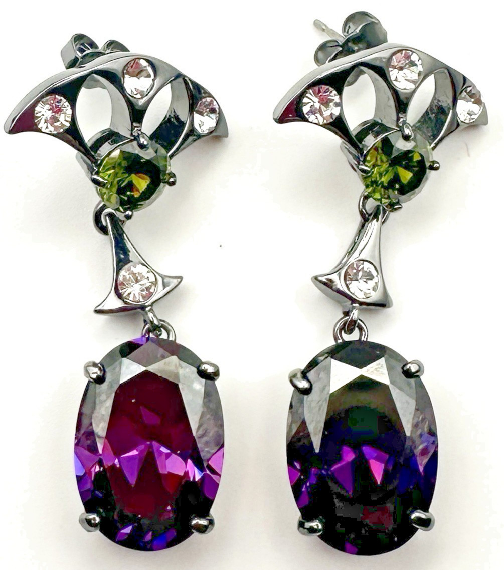 Nicholas LIU Purple Crystal Drop Earrings Gunmetal Rhinestone Statement 1.5″