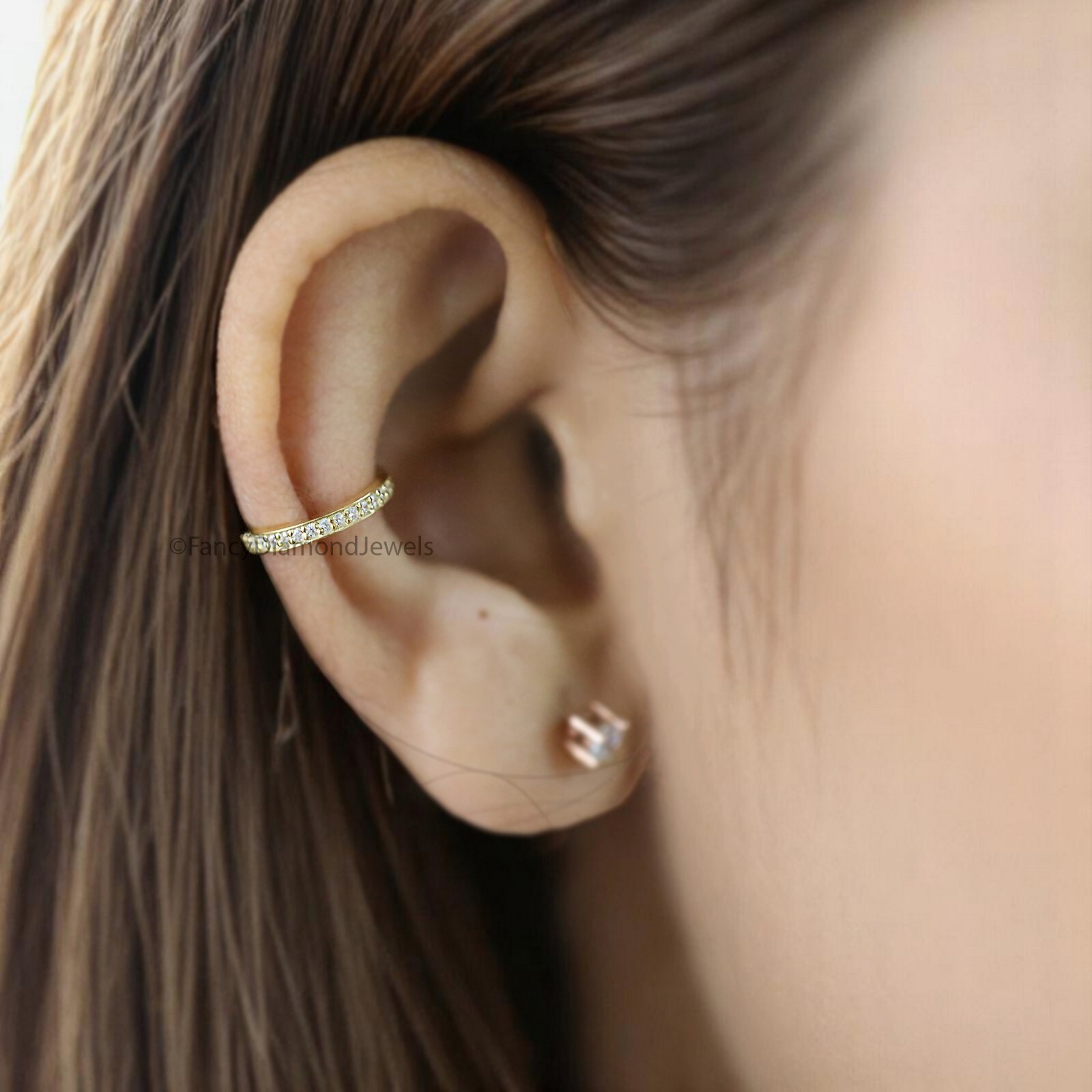 Round Brilliant Cut Colorless Moissanite Diamond Ear Cuff Dainty Ear Cuff FD350