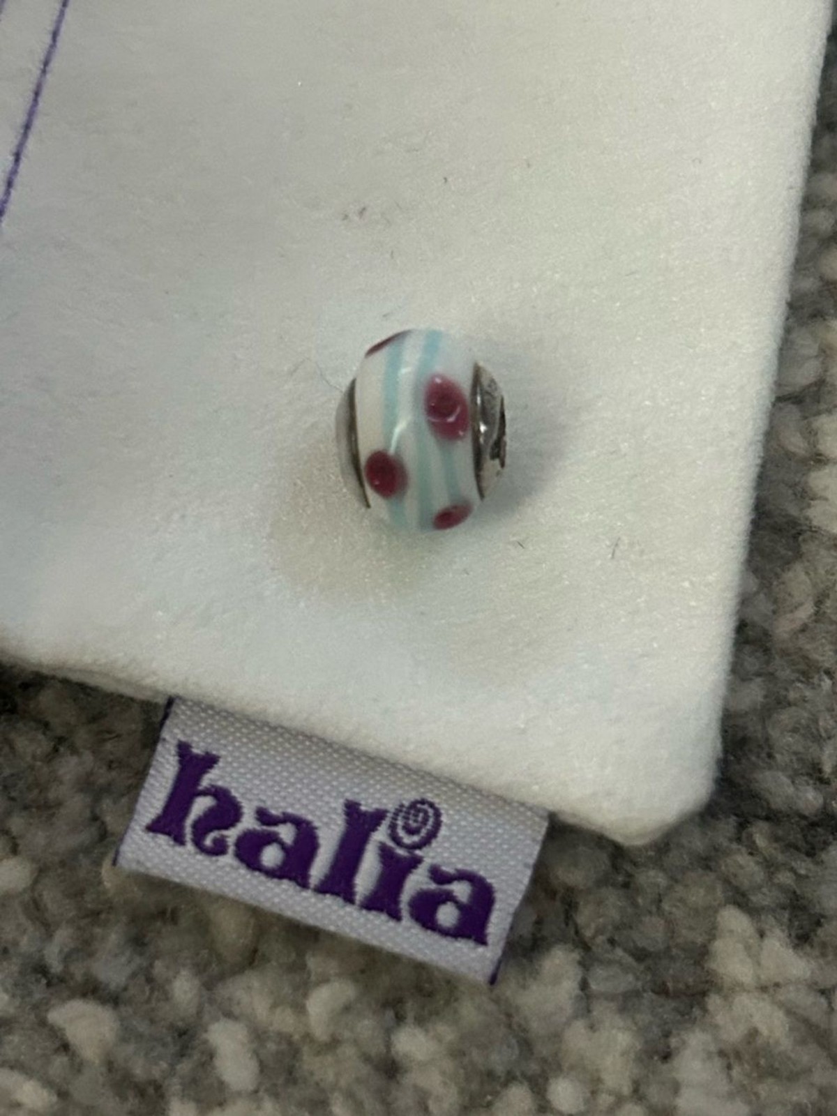 NEW Glass Bead Charm – White with Light Blue Stripes & Red Dots, Sterling