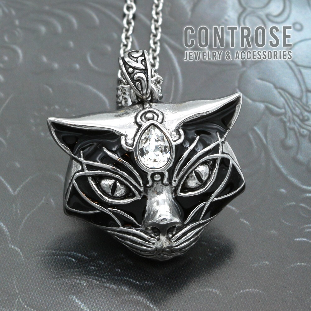Black cat necklace cat head black epoxy stainless steel pendant by Controse