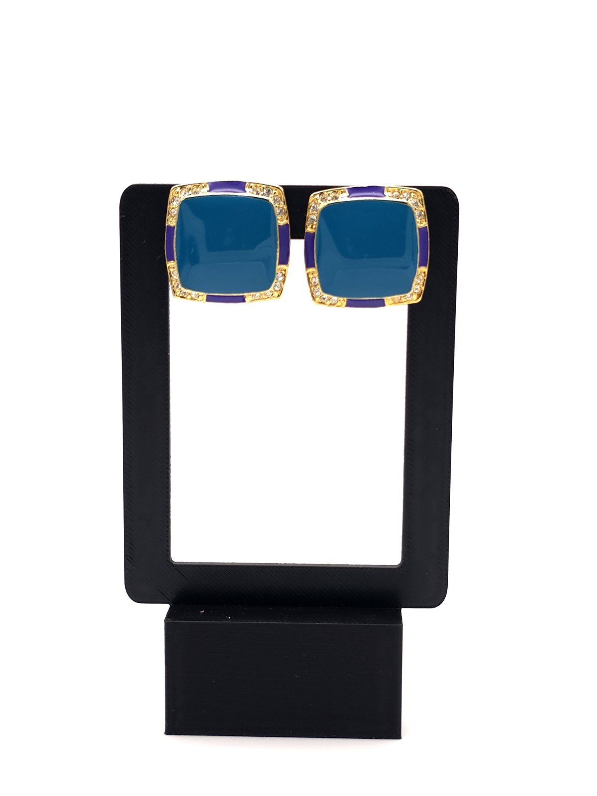 Vintage Blue Enamel Square Clip-On Earrings Gold Tone Purple Accents Rhinestone