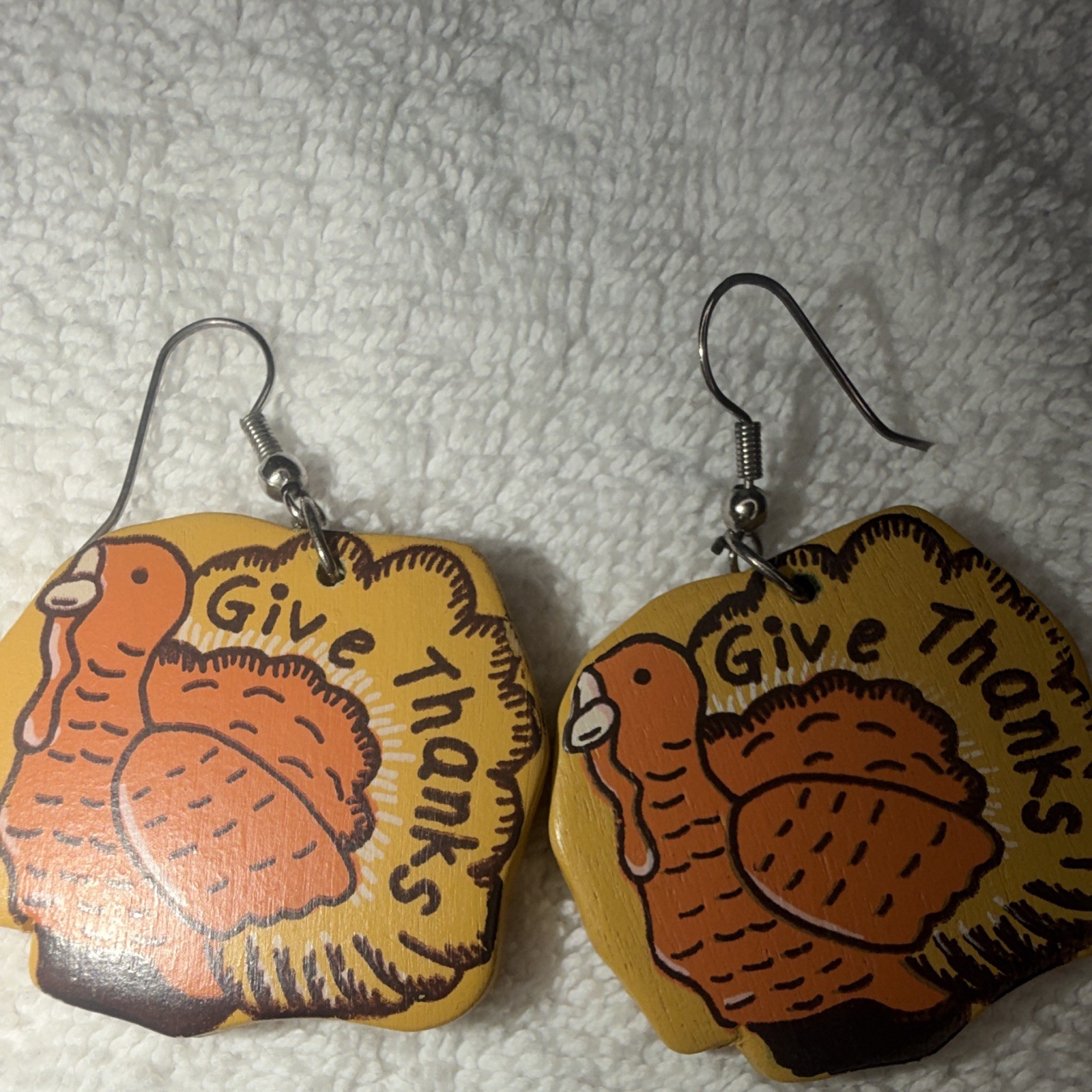 Hand-Painted Turkey Dangle/Drop Hook Earrings Multicolor Wood No Stone