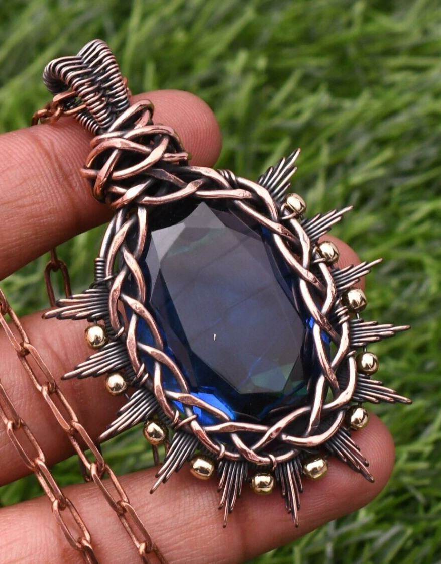 London Blue Topaz Gemstone Copper Wire Wrap Handmade Jewelry Pendant 2.28″