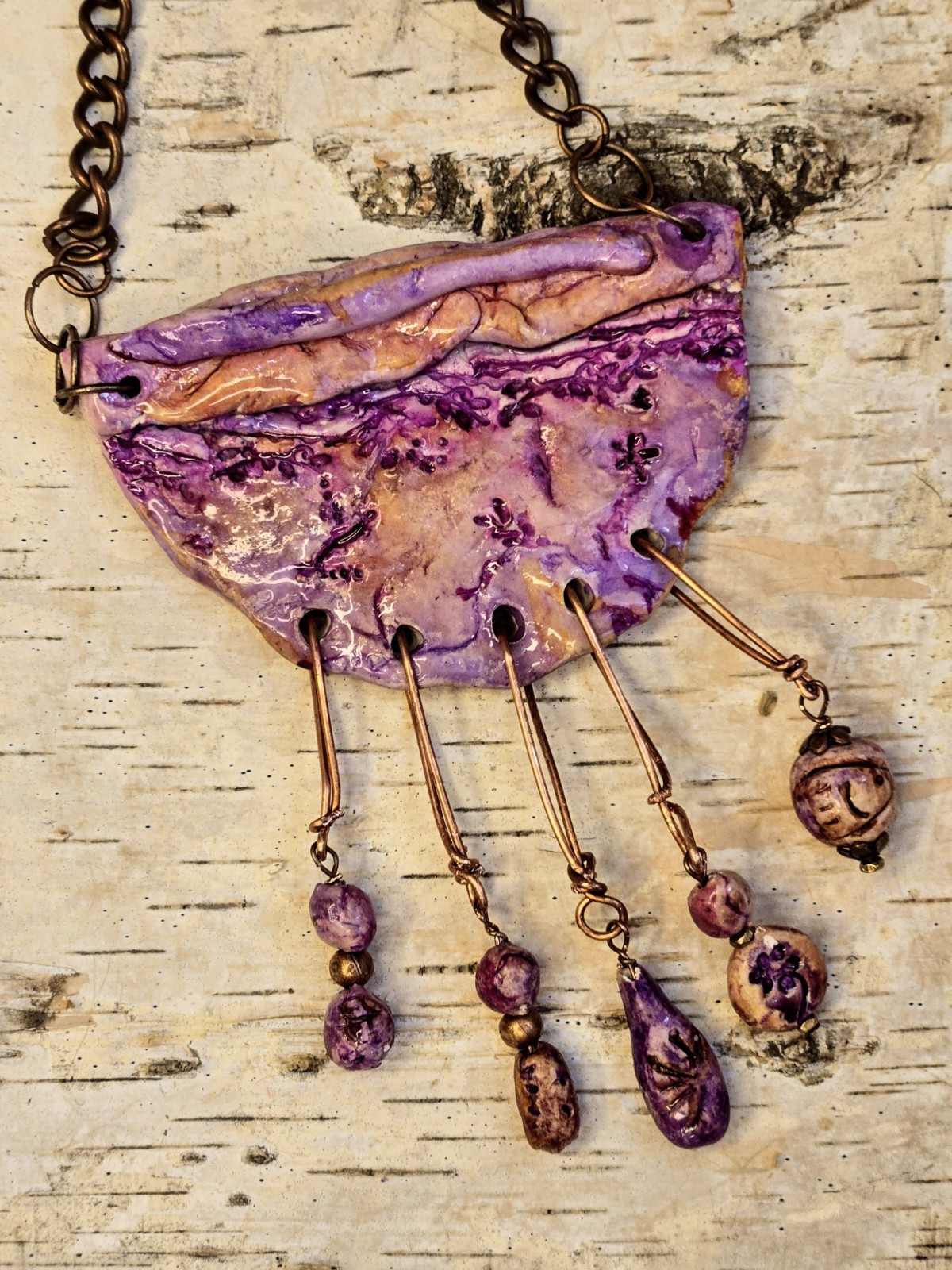 Primitive Cave Rustic Lavender Pendant & Beads Flowers & Fish Copper Necklace