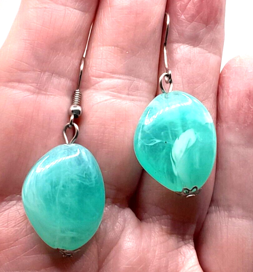 Boho Artisan Made Teal Green Acrylic Drop Dangle 1.5″ Earrings