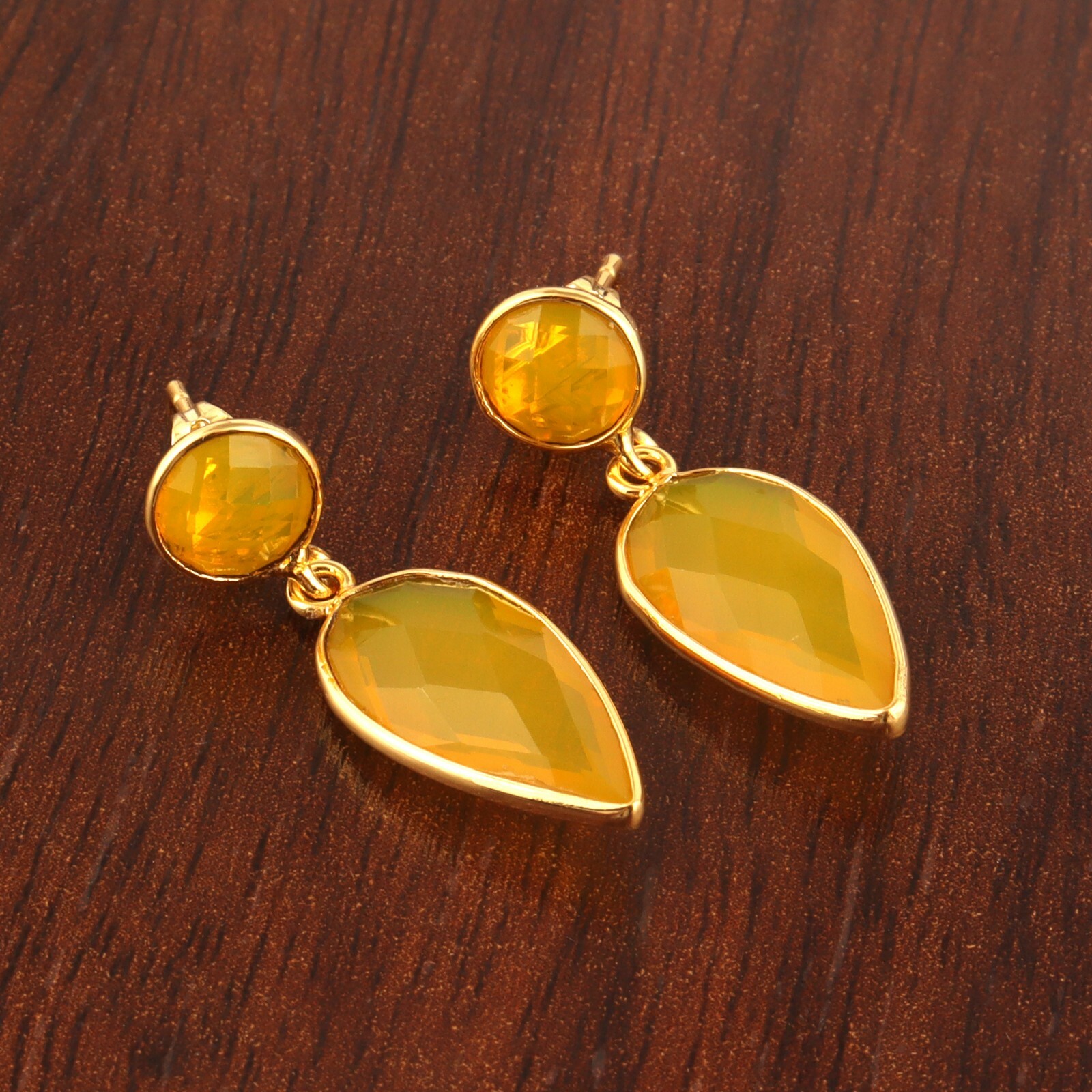 Latest Design Round Pear Hydro Quartz Gold Plated Bezel Set Drop Dangle Earrings