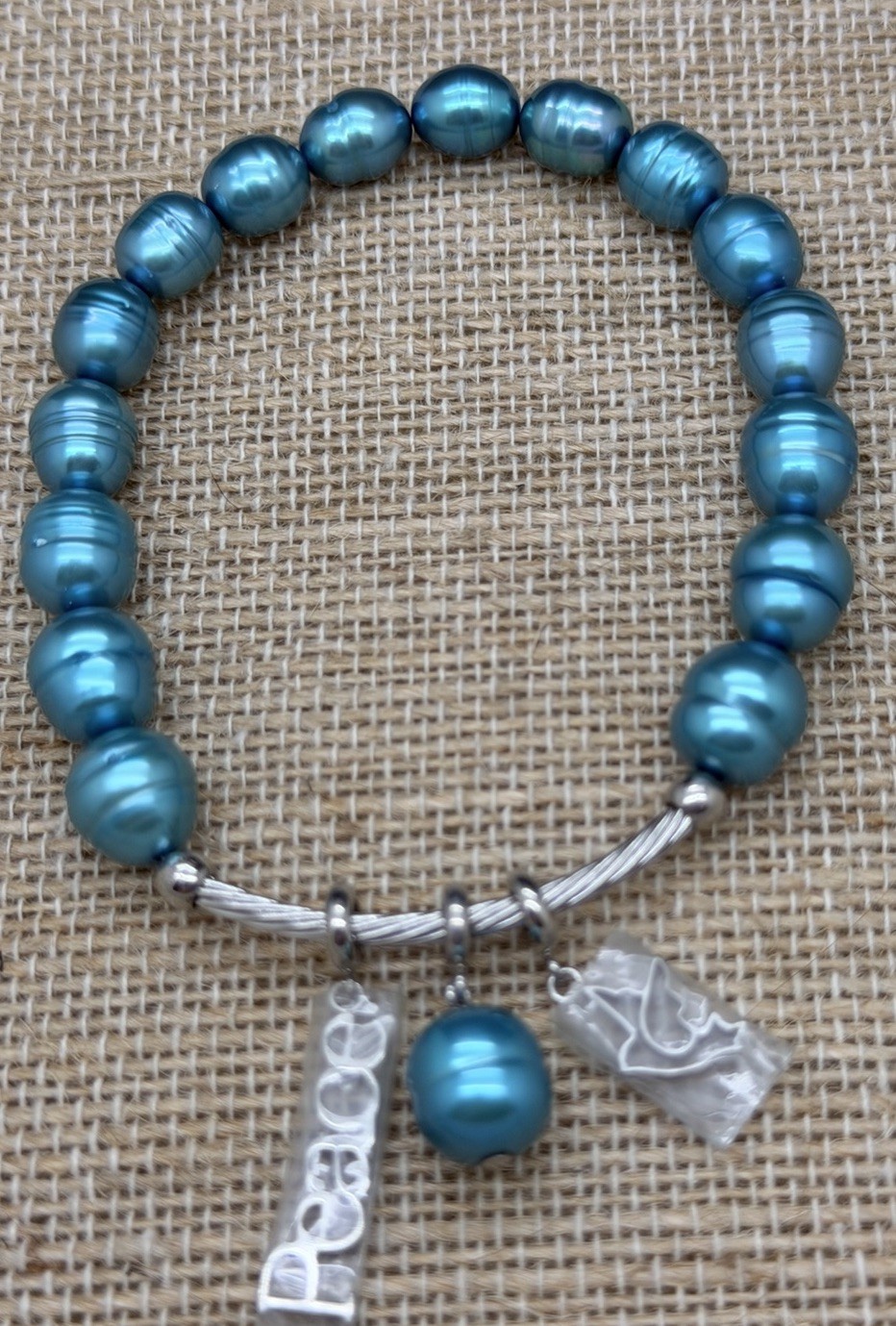 HONORA STAINLESS Peacock Blue RING PEARL INSPIRATIONAL PeaceCHARM BRACELET NWT