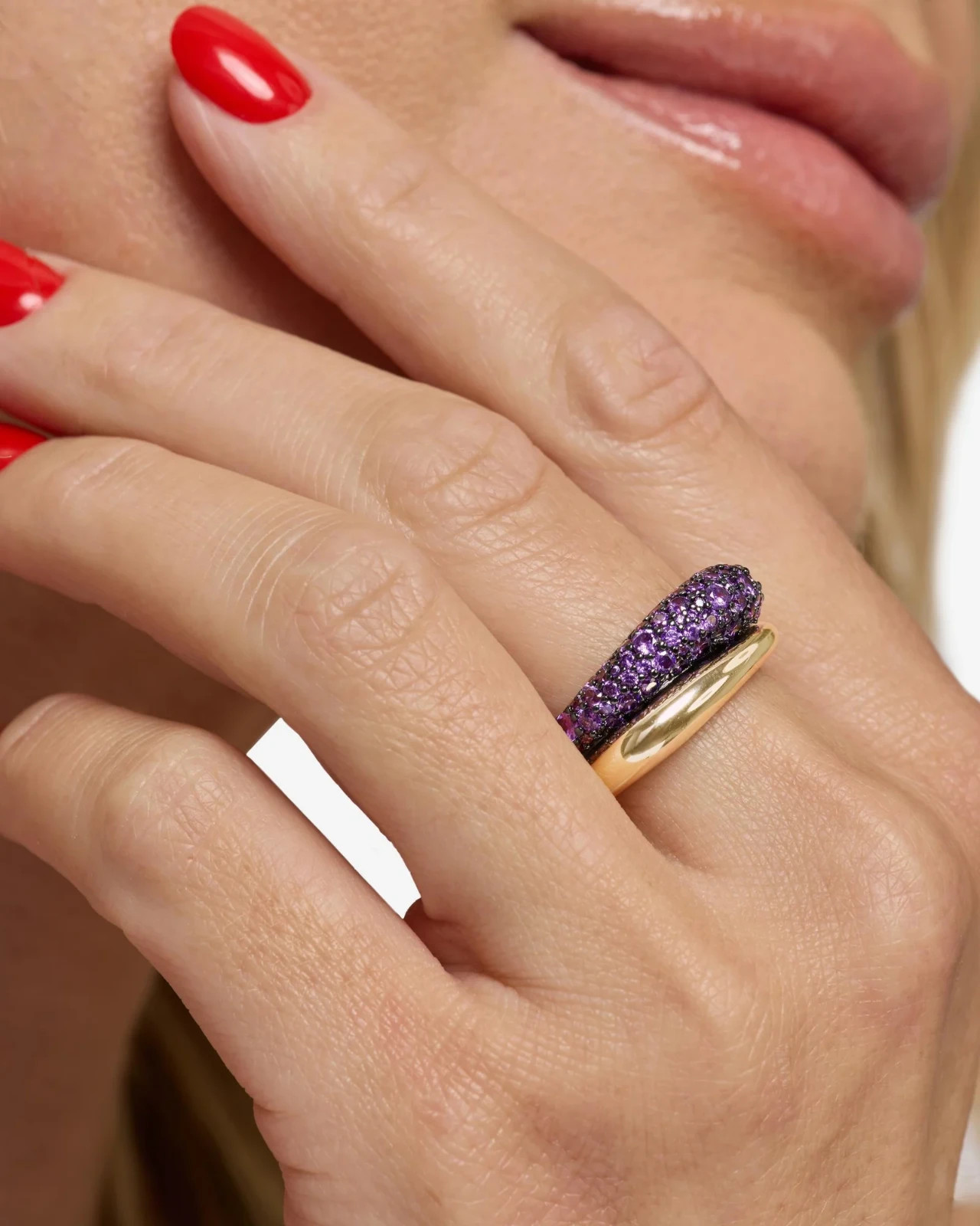 Gold Plated Purple CZ Pave set Statement Ring Wide Band Fashion Ring for Women