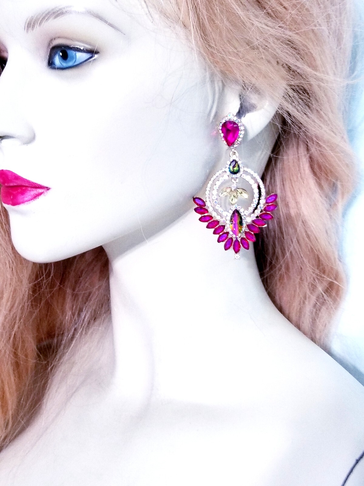Drop Dangle Bridesmaid Chandelier Earrings 3.2 inch Pink Rhinestone Pageant Prom