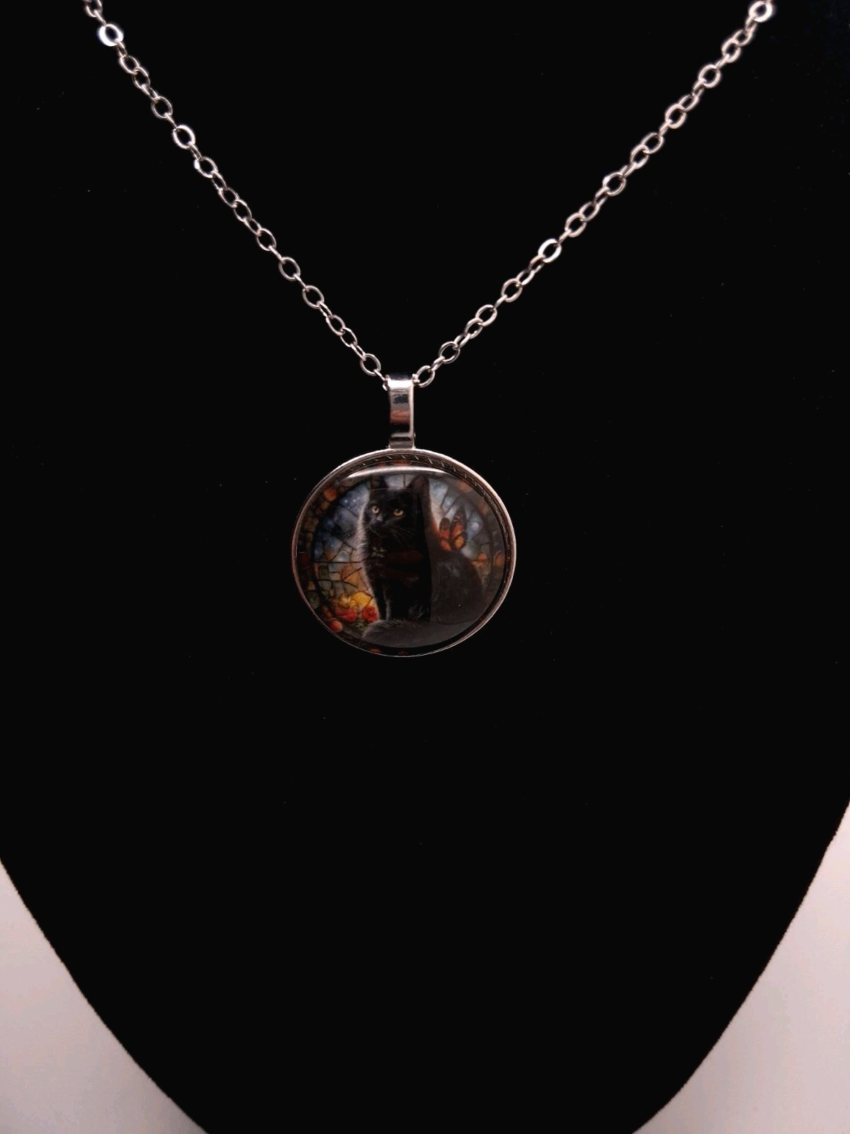Black Cat Butterfly Cabochon Pendant Necklace Cat Lover Gift Silver Toned