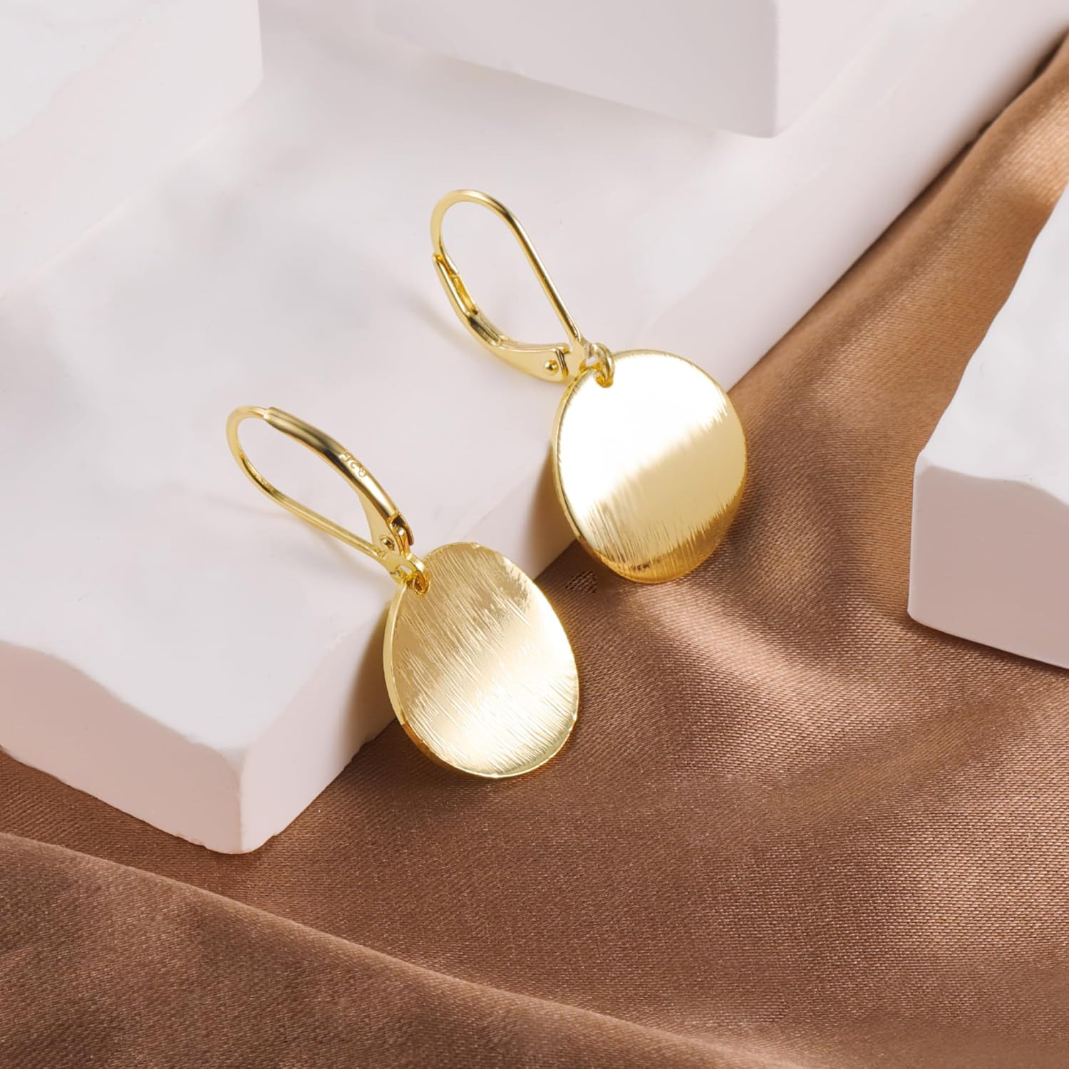 14K Gold Dangle Earrings for Women，Lightweight Circle Disc Coin Geometric Flat B