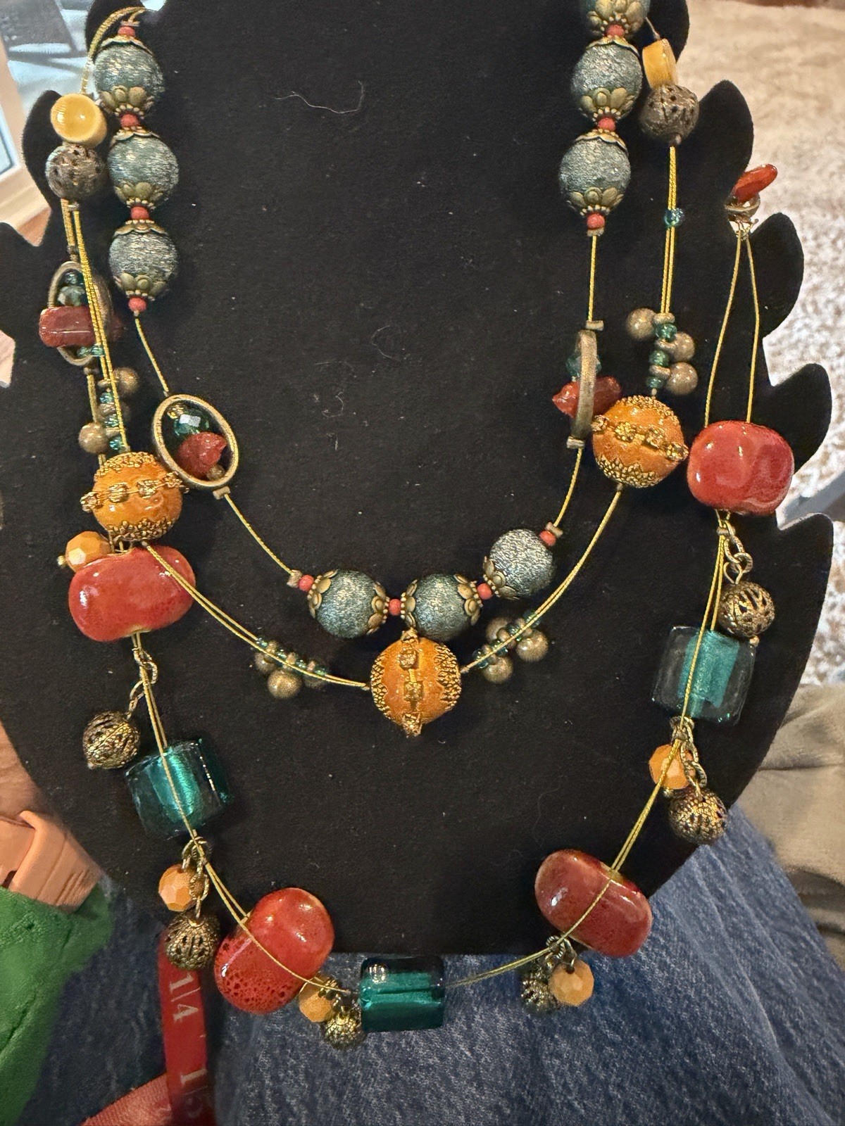 Treska multicolor beaded statement layered necklace glass brass lobster closure