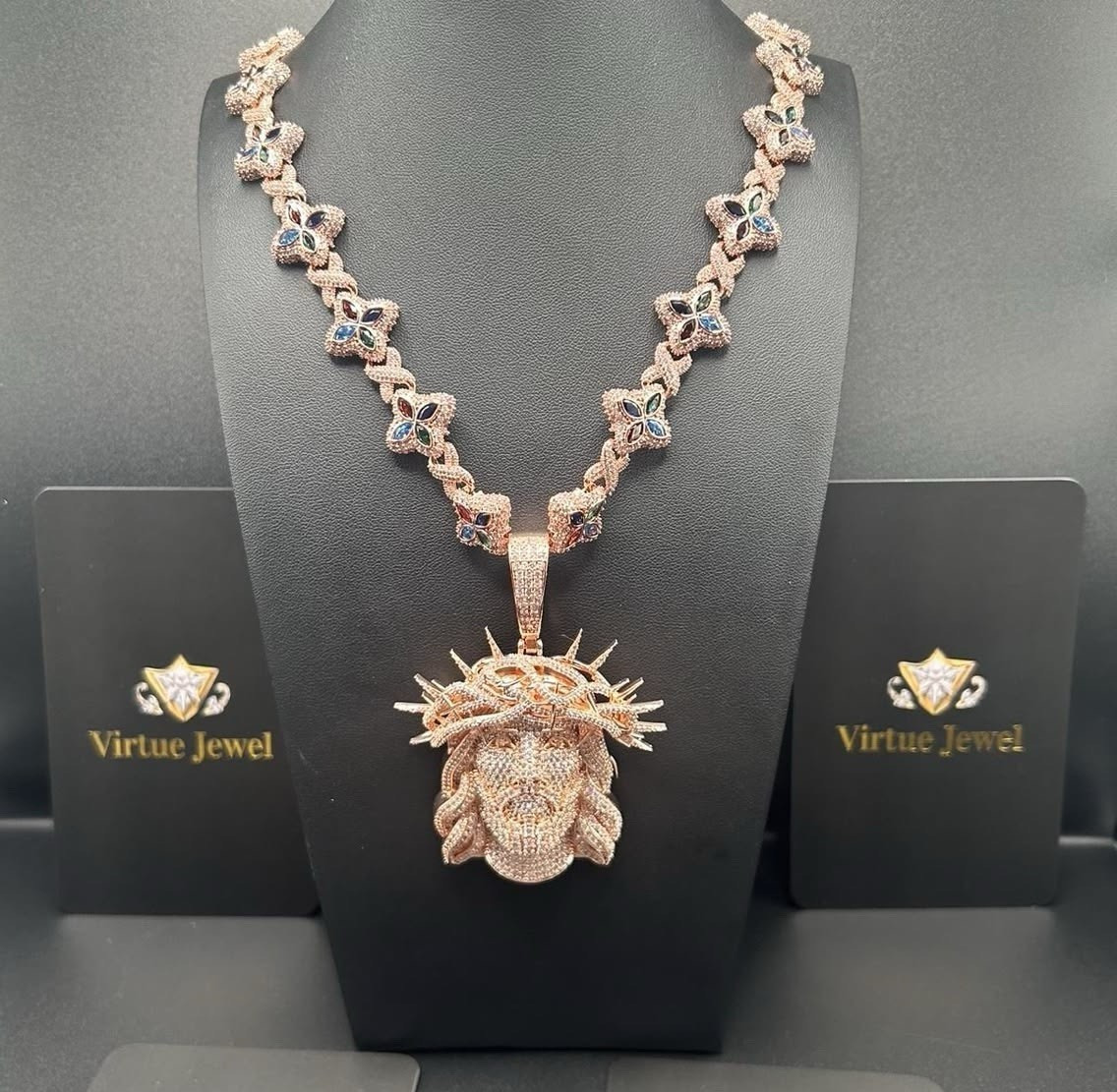 Virtue Jewel Rose Gold Chain Necklace Jesus Head Charm Pavé CZ Rhinestones