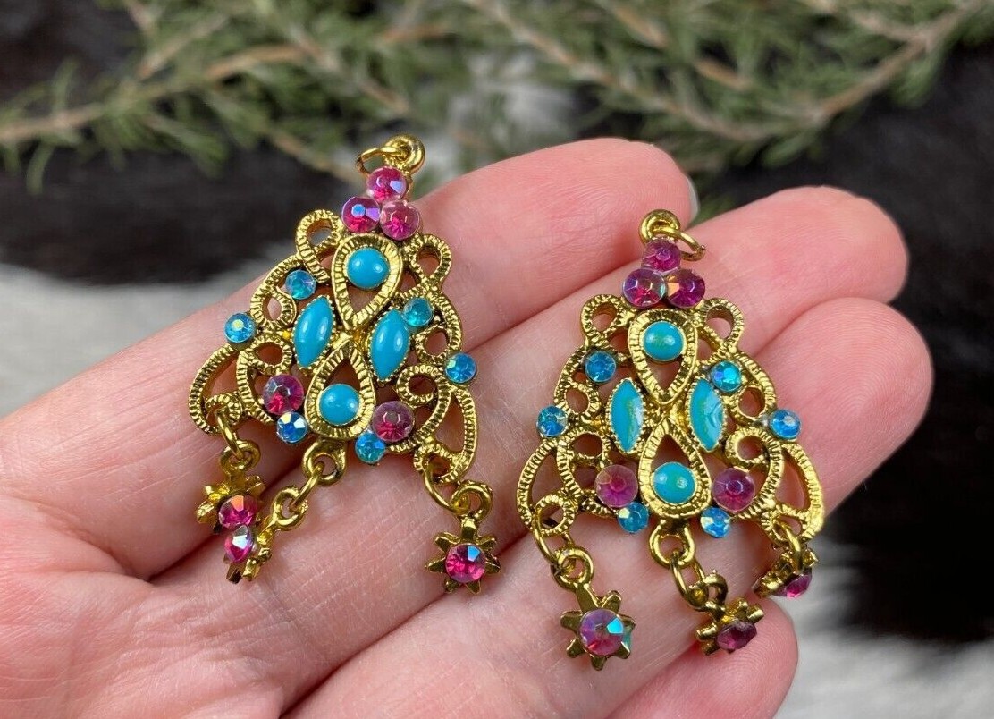 Pendant for Jewelry Making set of 3 Gold Pink Bohemian Chandelier metal 2″