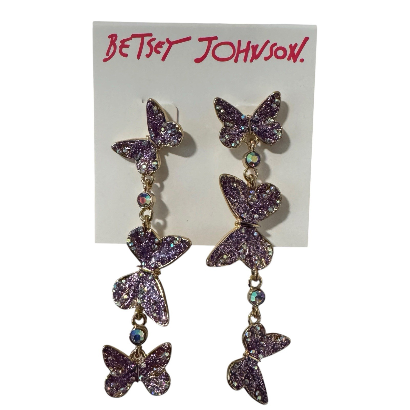 Betsey Johnson Butterfly Mismatched Dangle Earrings Purple Lavender Crystals NWT
