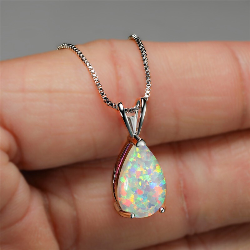White Opal Stone Pendant Minimalist Droplet Fire Opal Necklace Sterling Silver