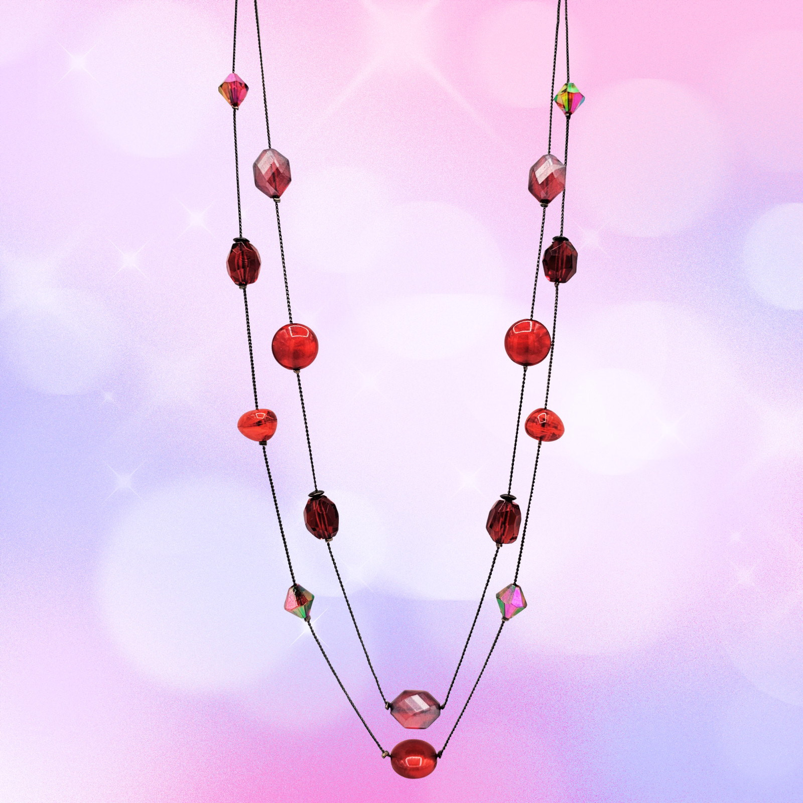 Long Red Beaded Necklace Gunmetal Chain Aurora Borealis Crystal Accent