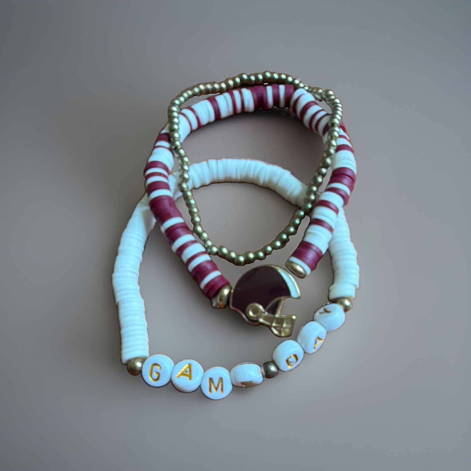 Game Day Maroon/White Bracelet Stack – White Gold Beaded Stretch Stack Bracelet