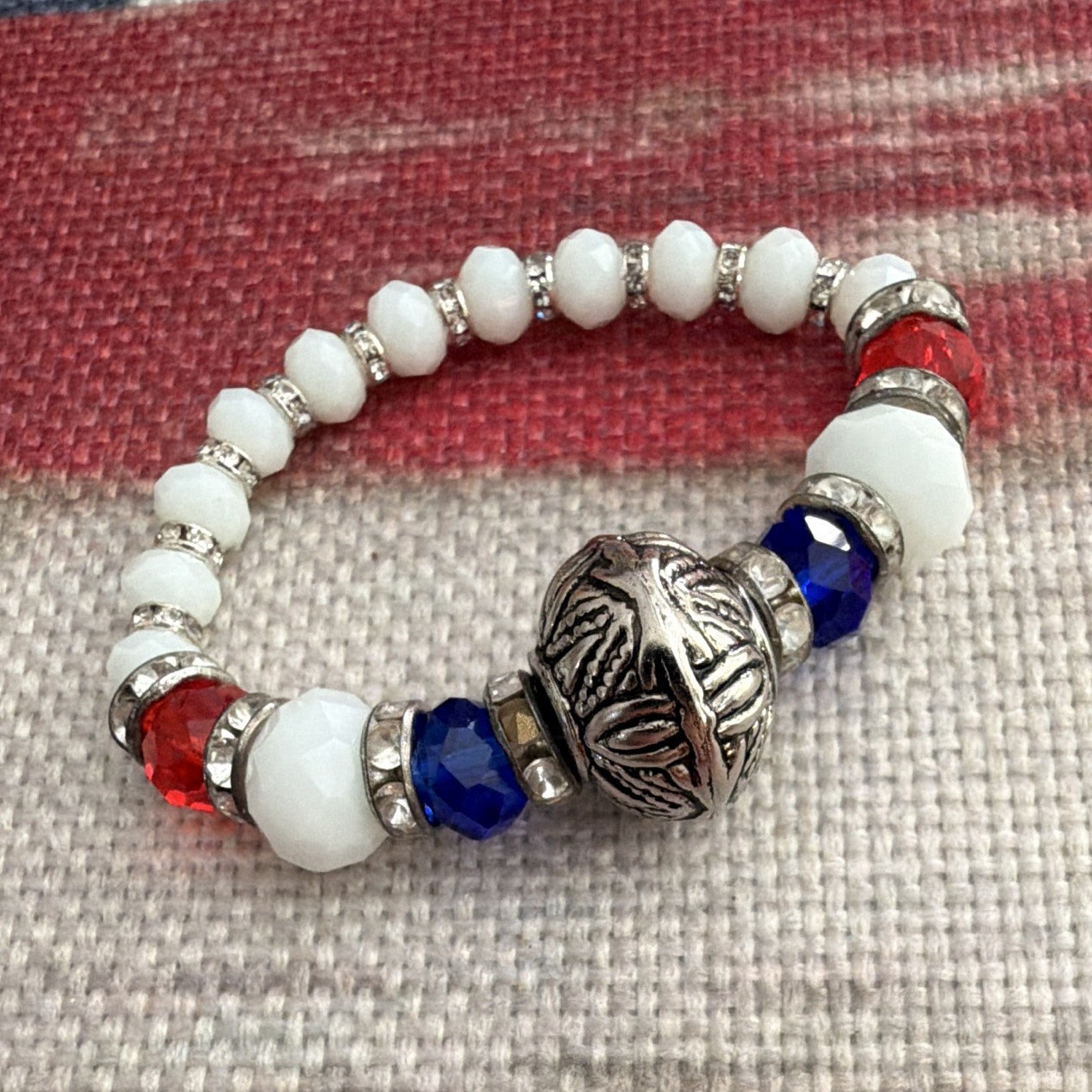 Child’s Red White & Blue Glass Beaded Stretch Bracelet w/ Silver Tone Charm Bead