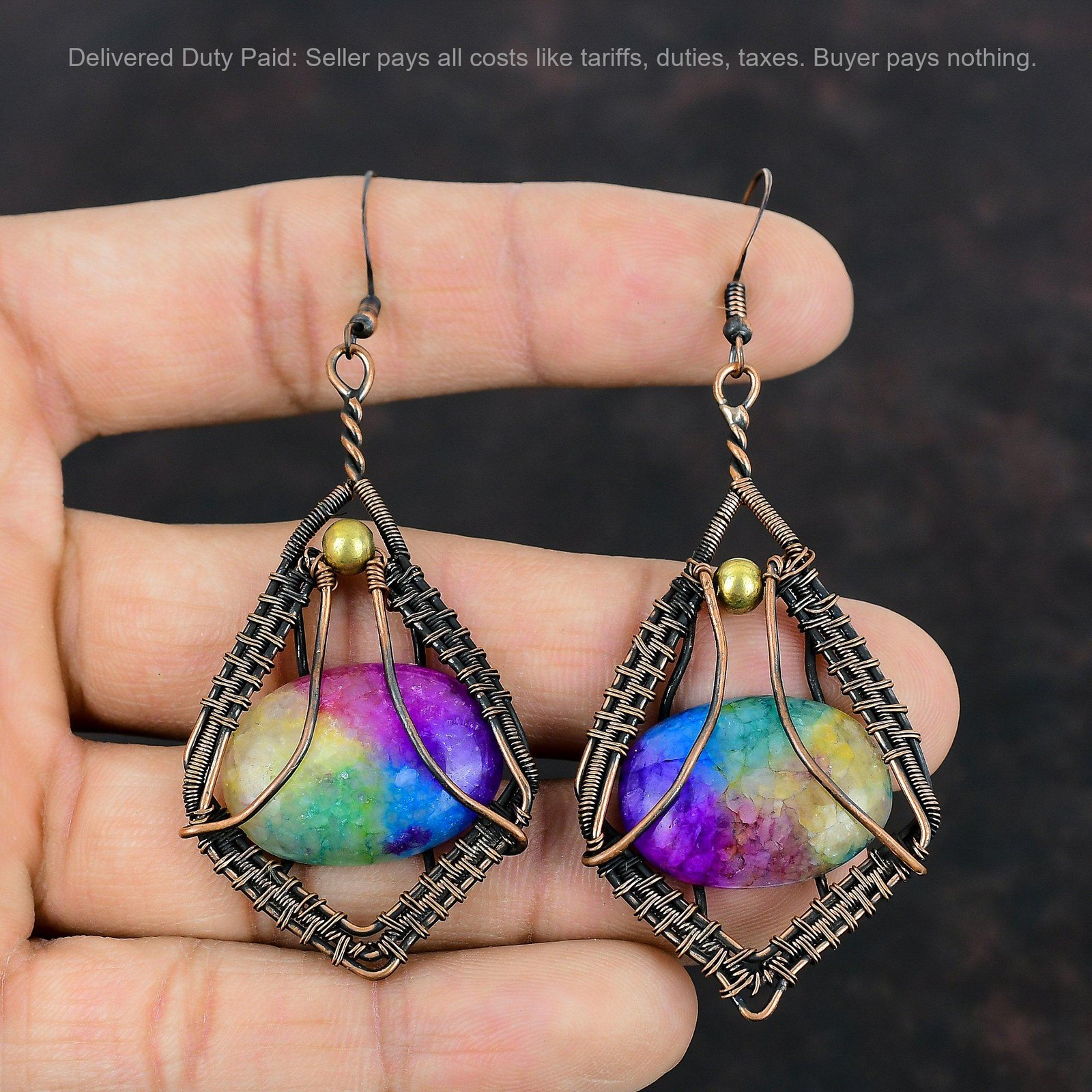 Copper Rainbow Solar Quartz Druzy Gemstone Dangle Drop Wire Wrapped New Earrings