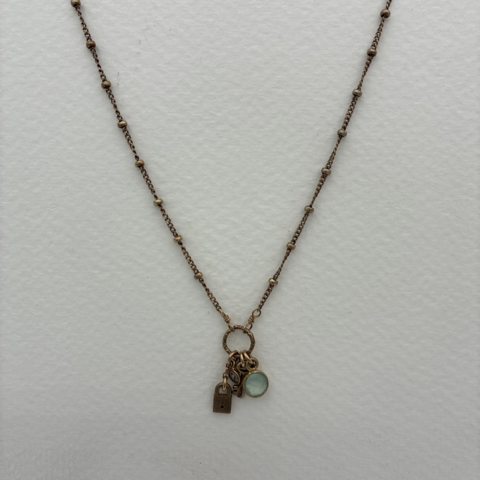 Dogeared Gold Plated Lock, Key, Blue Chalcedony & Swarovski Crystal Necklace