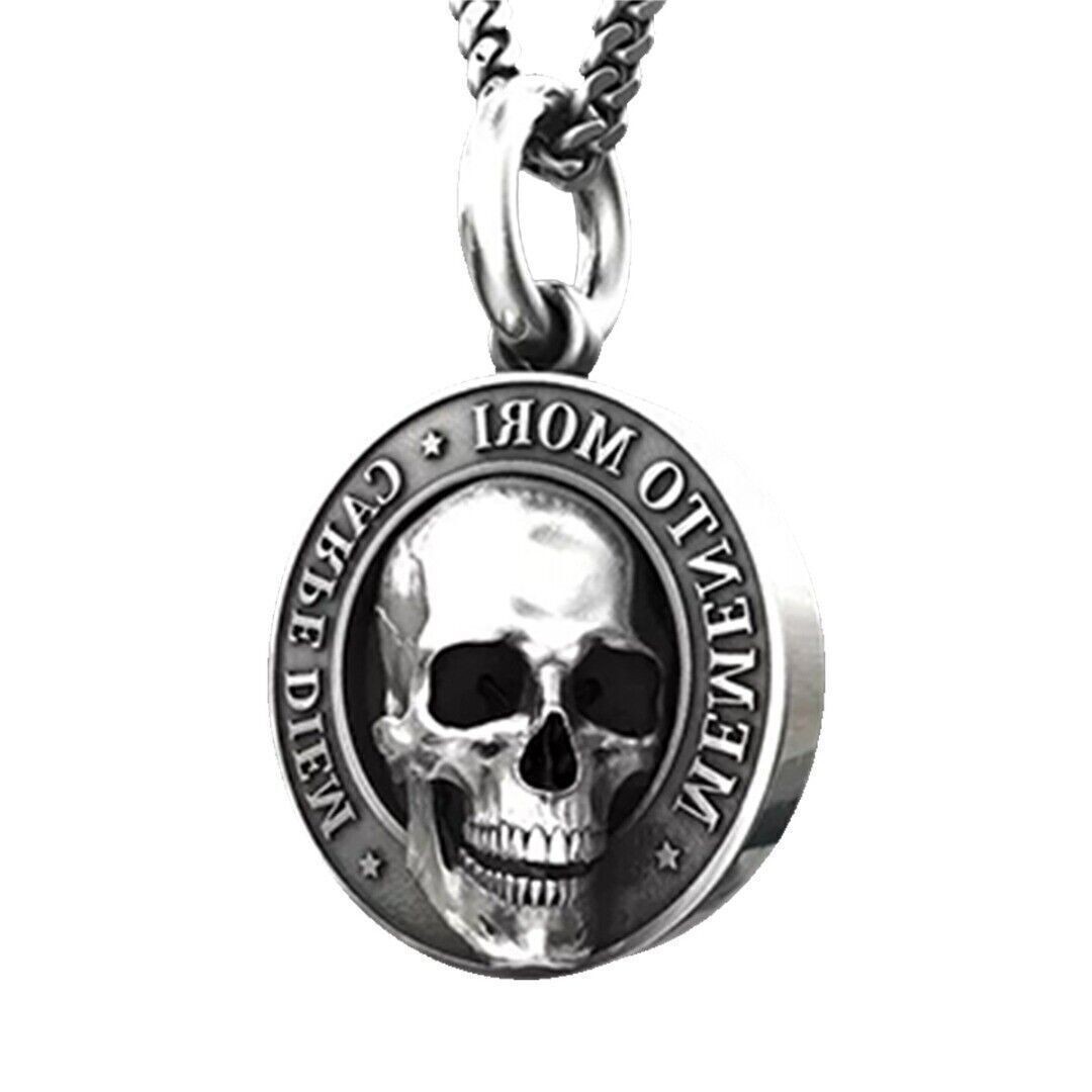 Memento Mori Skull Silver Skull Necklace Stainless Steel Chain Pendant Retro~