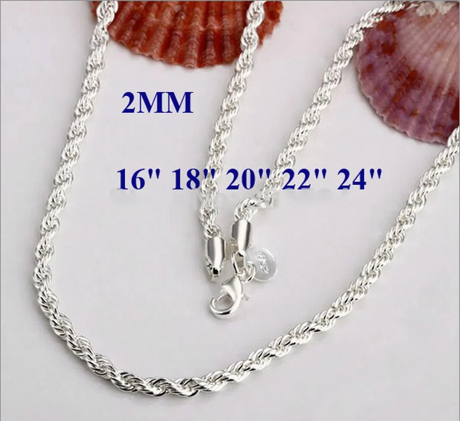 16-24INCHES 925 Sterling silver 2MM Rope Necklace Beautiful fashion Elegant for