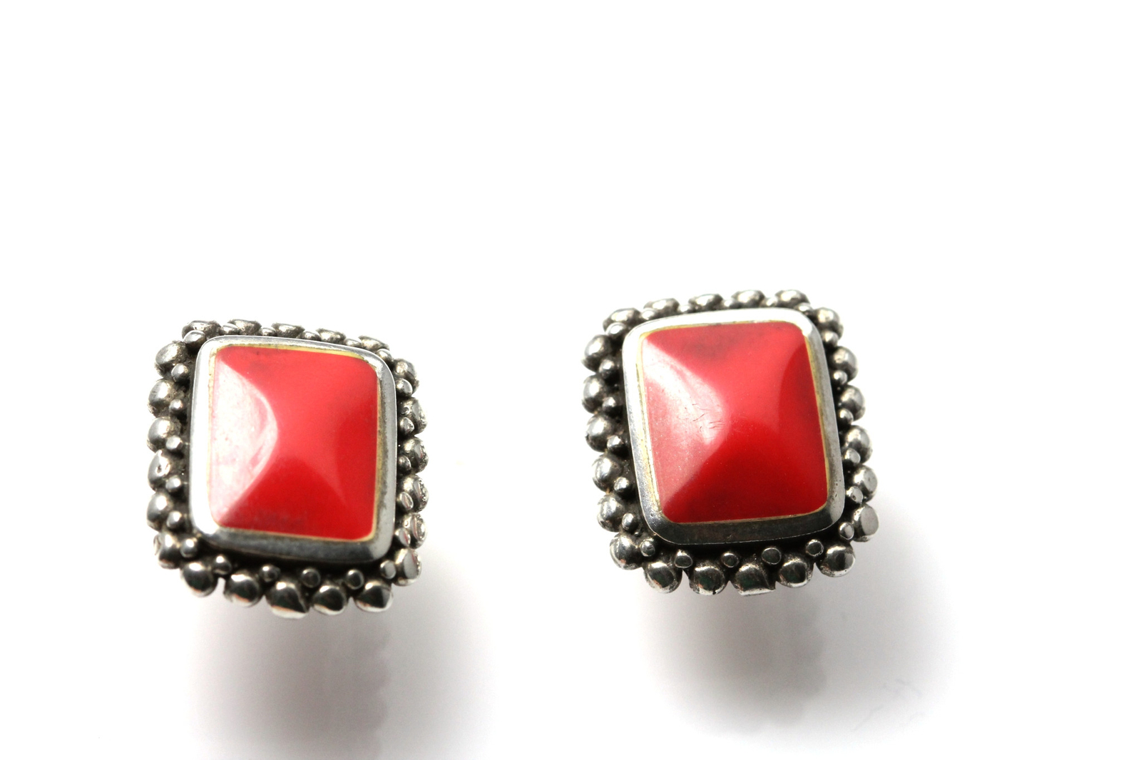 Rectangular Shape Red Stone Sterling Silver 925 Earrings 7.4 Grams (EAR2724)