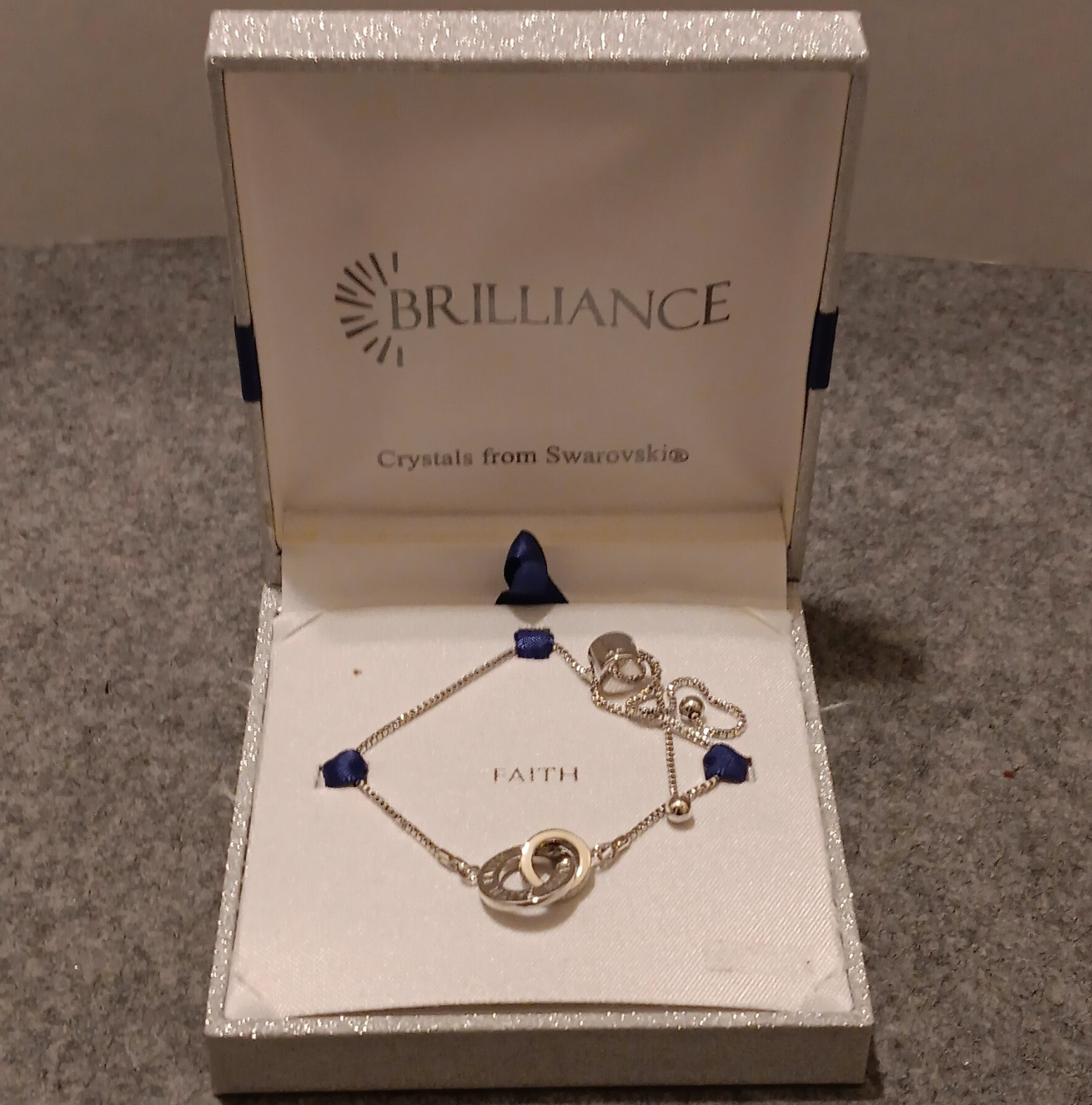 Brilliance Faith Charm Bracelet Adjustable Box Chain Slide Clasp Silver/Blue