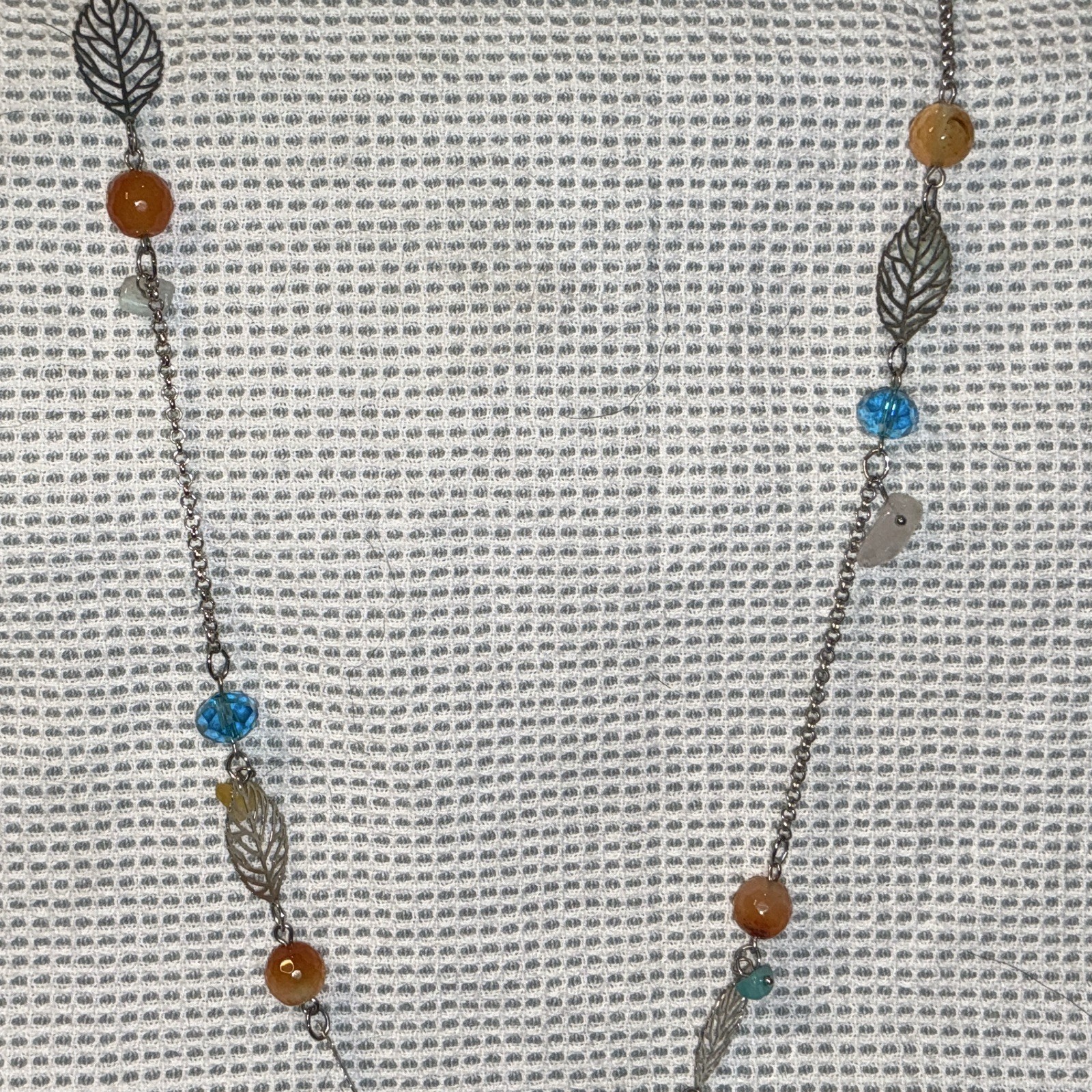Silver Tone Multicolor Beaded Cable Chain Leaf Link Necklace Lobster Clasp