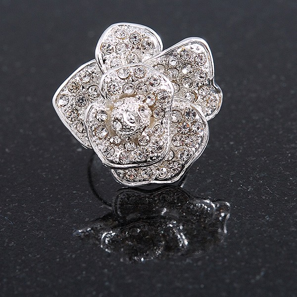 Clear Crystal Rose Flower Ring In Silver Tone – 30mm D – 7/8 Size Adjustable