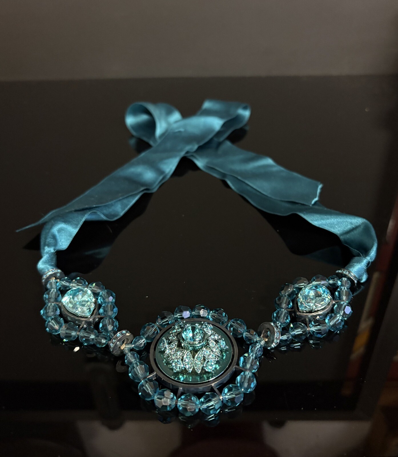 Auth. Lanvin Womens Glass Choker on Ribbon, Teal/Blue, Size U