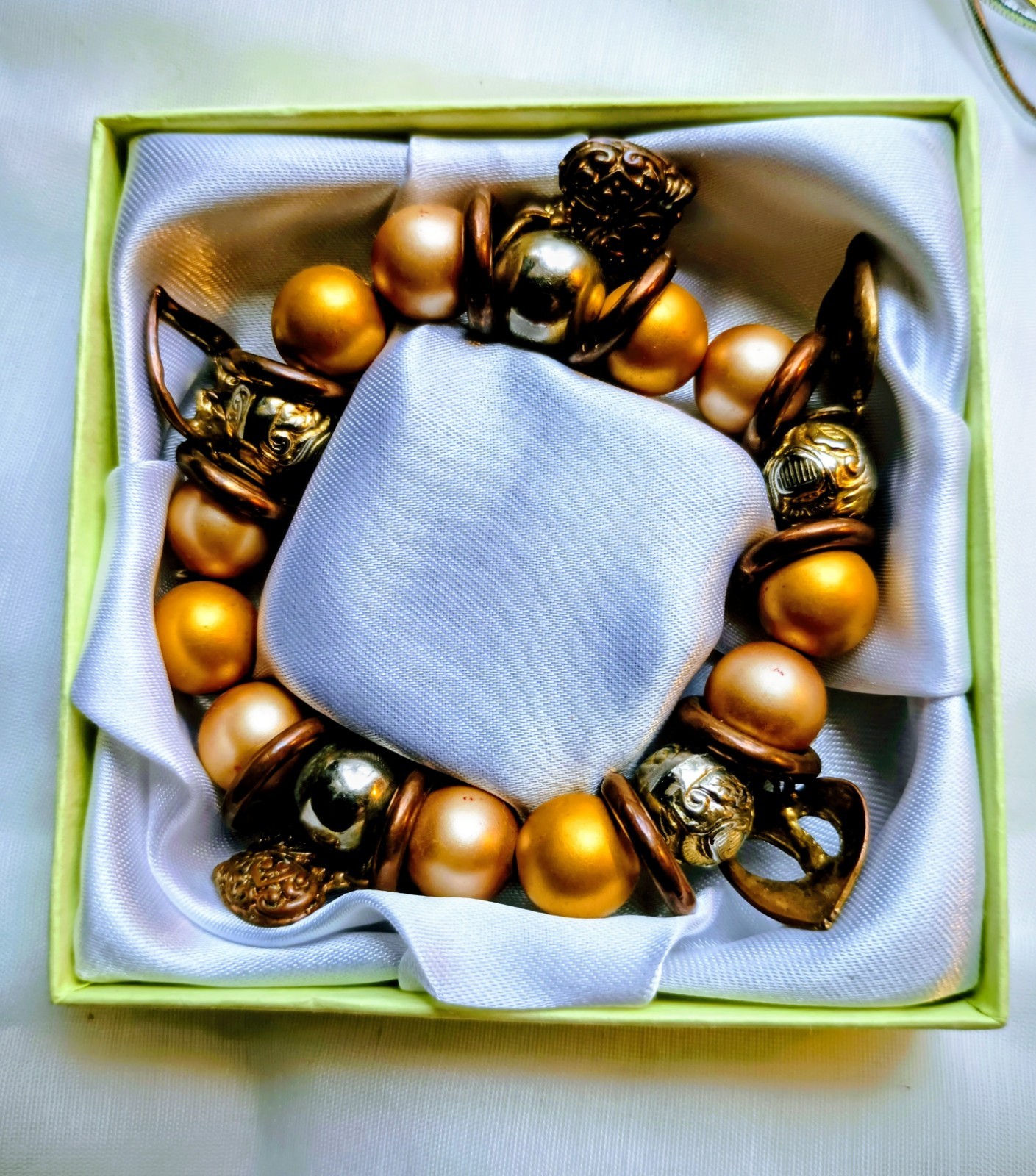 Heart Valentine Charm Stretch Bracelet With Hearts & Golden Beads Gift Boxed