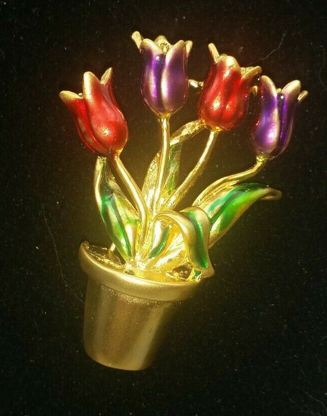 Brooch Four Tulips Red Purple Green Golden Pin
