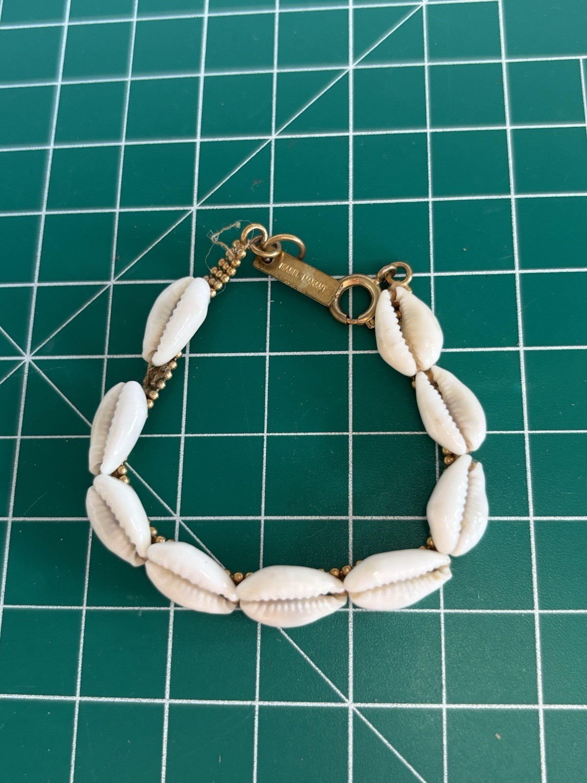 White Shell Cowrie Charm Bead Chain Bracelet, Gold Tone, Signed Isabel Marant