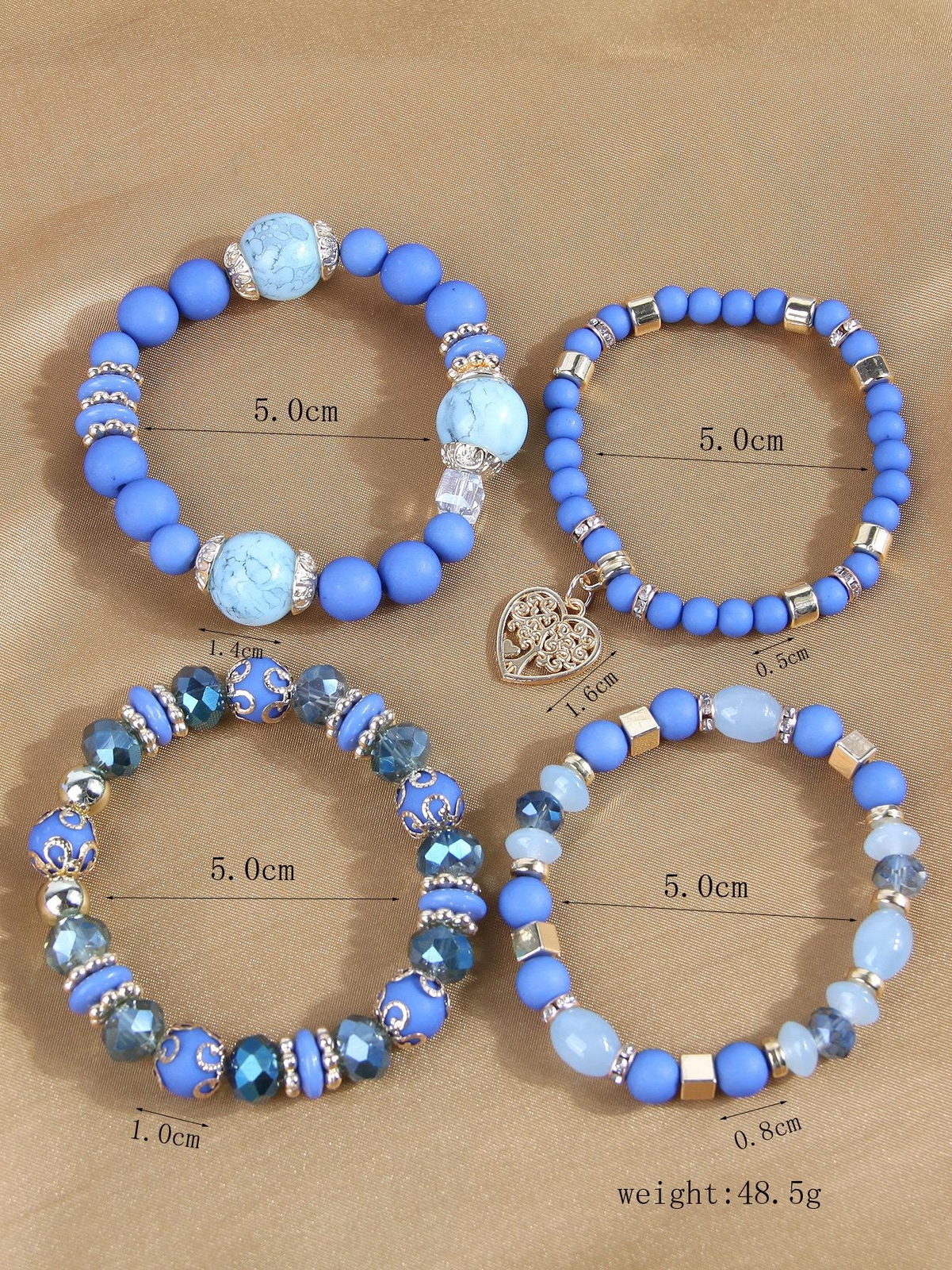 4pcs/set Matte Blue Heart Charm Beaded Bracelet Women Bracelet Stackable