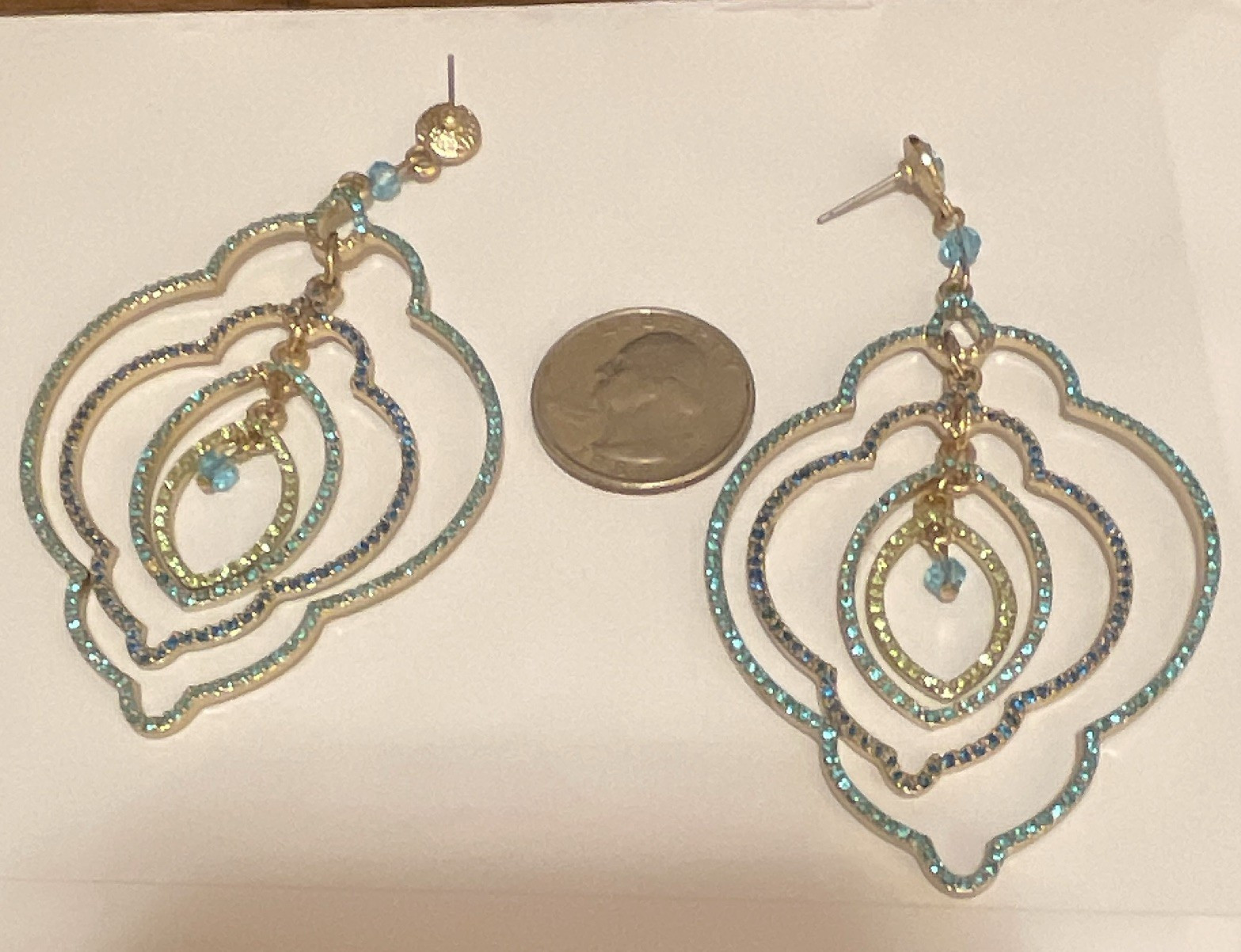 Gold Tone Asymmetrical Dangle/Drop Earrings Blue Round Crystal, Post Closure