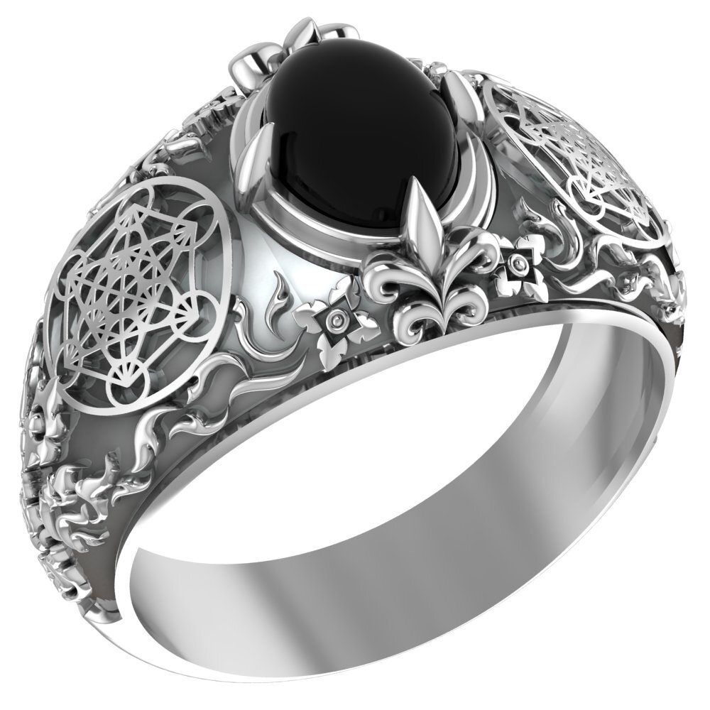 925 Sterling Silver Onyx Metatron Cube Sacred Geometry Ring