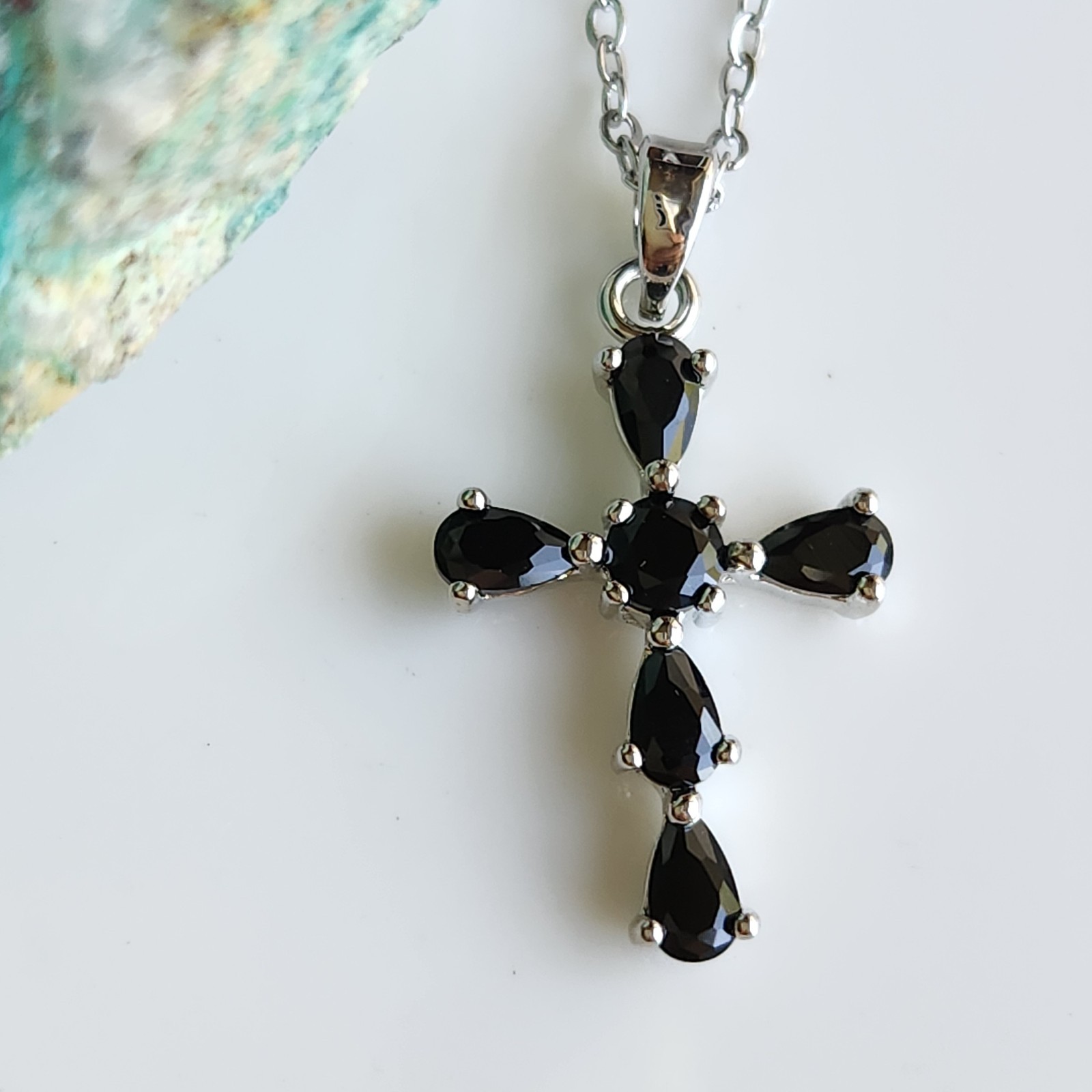 14k White Gold-Plated Pear Black Onyx CROSS 1” Pendant free chain