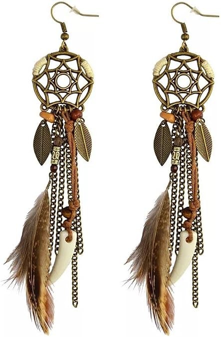 Brown Dream Catcher Feather Earrings Vintage Bohemian Dangle Women