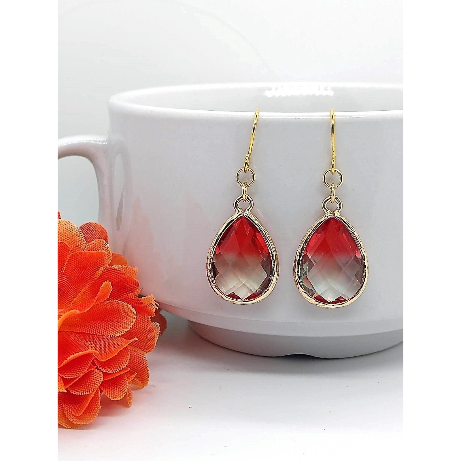 Faceted Red & White Glass, Gold Dangle Earrings- Ladies Fashion Drops-Handmade
