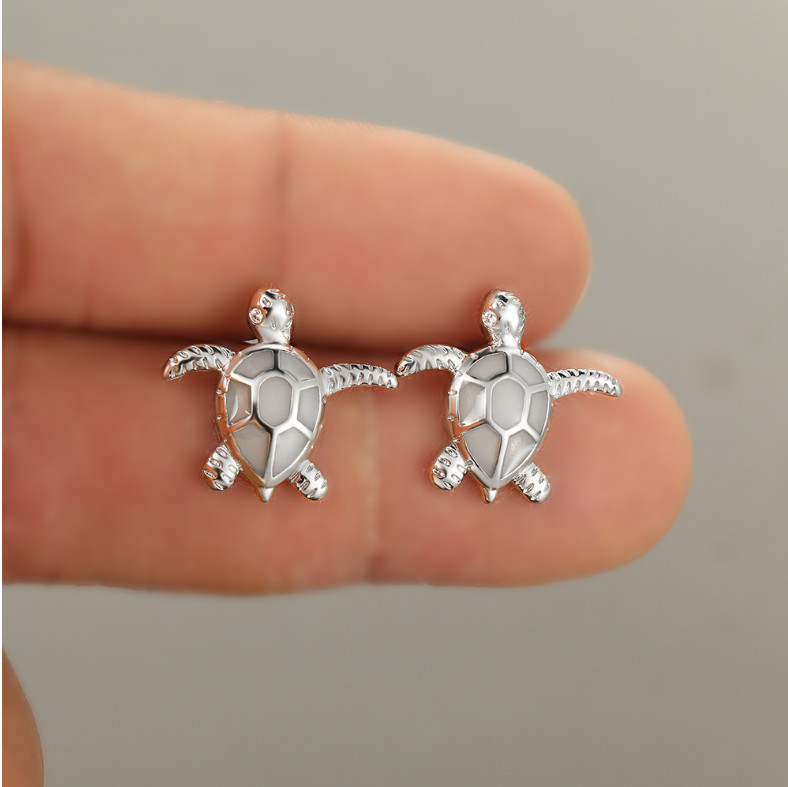 925 Sterling Silver Blue White Opal Sea Turtle Stud Earrings Gift Box PE55